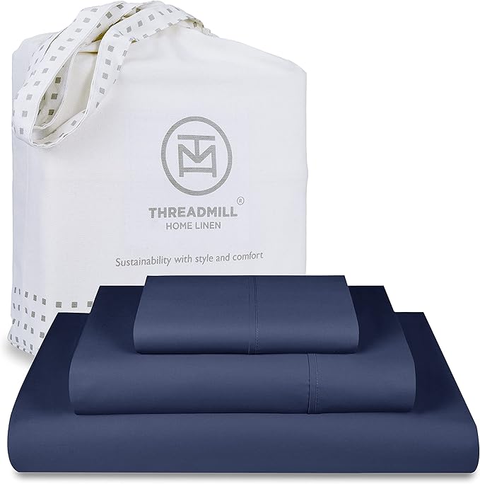 Threadmill Luxury 800 Thread Count Twin 100% Cotton Sheets - Folkstone Blue Sateen Weave Bed-Sheets, Better Than Egyptian Cotton,3 Pc Solid Soft Bedding Set, Fits 15" Deep Pocket