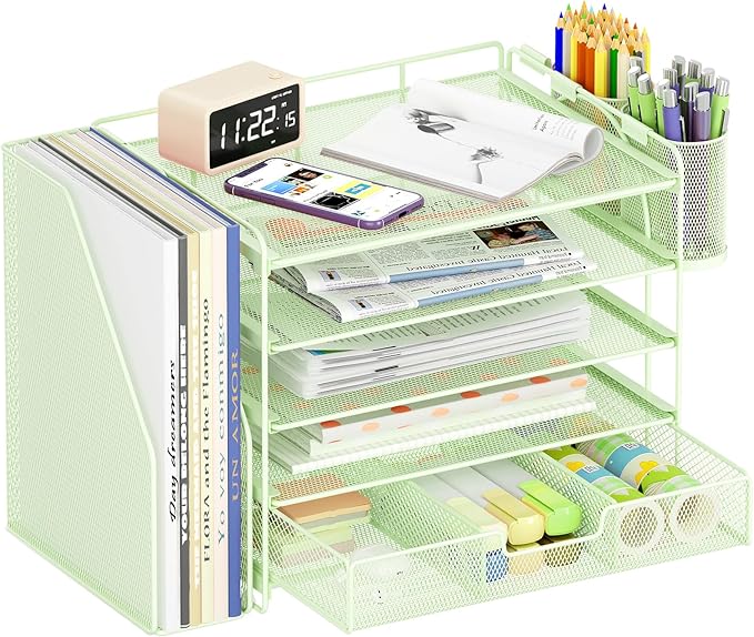 Desk Organizers and Accessories with File Holder, 5-Tier Office Desk Accessories & Workspace Desktop Organizer with Drawer and 2 Pen Holder, File Paper Organizer for Office Supplies(Green)