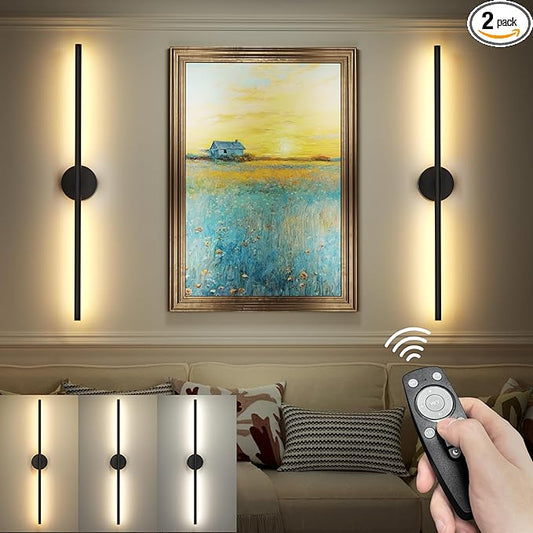 Battery Operated Sconces Set of Two: Wireless Magnet Wall Lights Rechargeable with Remote Cordless Adhesive LED Sconces Wall Lighting Indoor for Living Room Bedroom Hallway Decor Black