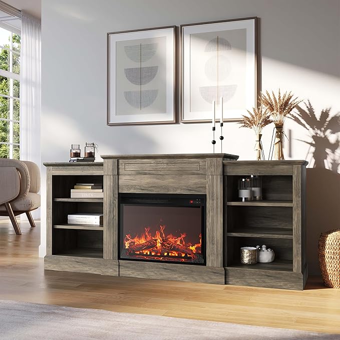 BELLEZE Modern 66" Electric Fireplace Heater Mantel TV Stand & Media Entertainment Center for TVs up to 66" with Energy-Efficient Heater with Sound and Side Shelves - Lenore (Grey)