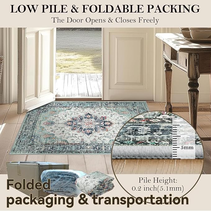 Area Rugs 4ft Washable Non-Slip, Floral Vintage Distress Print Pattern Medallion Carpet for Living Room Bedroom Dining Room, Green Navy Blue White Red Teal Colorful