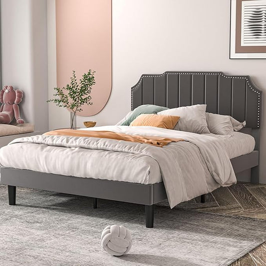 VECELO Queen Size Bed Frame Upholstered Platform with Tufted Adjustable Headboard/Mattress Foundation/Wood Slat Support,Easy Assembly,Dark Grey