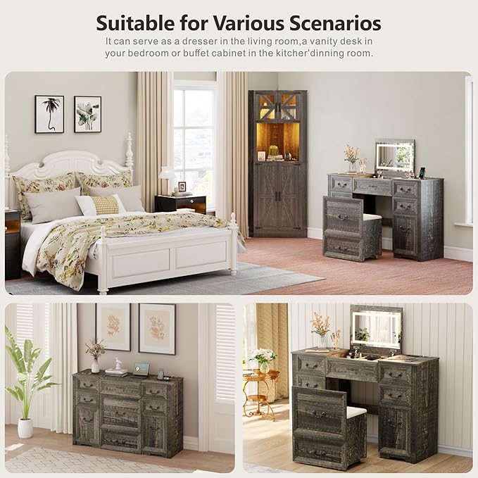 Farmhouse Vanity Desk with Flip up Vanity Mirror and Lights,Rustic Makeup Vanity with Charging Station and Hidden Drawer,Vanity Table Set with Drawers/6-Compartment/Cabinets, Rustic Oak