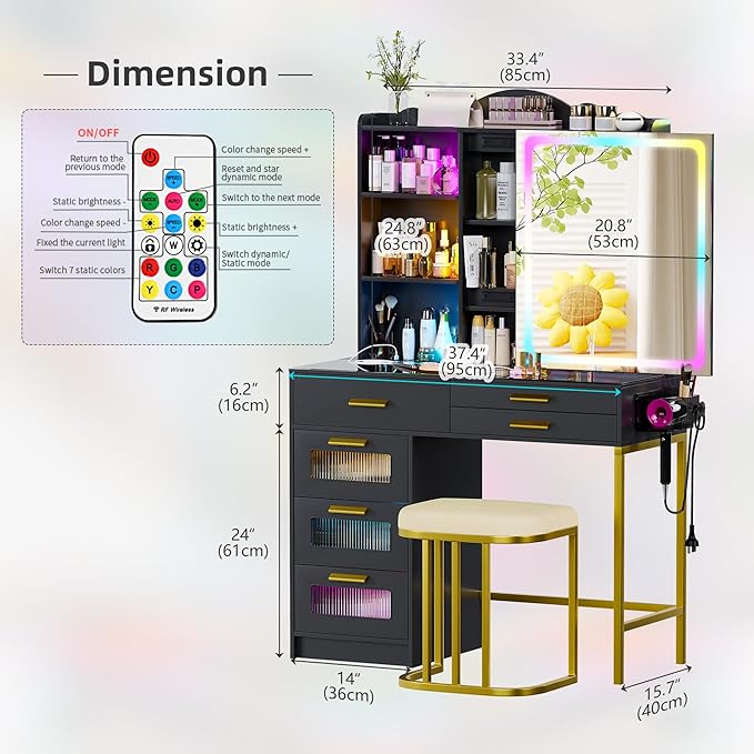 RGB Vanity Desk with Sliding Mirror and Lights,Makeup Vanity with Charging Station,LED Vanity Table with Glass Top,Girls Vanities Dressing Table Set with Stool&6 Drawers for Bedroom(Black
