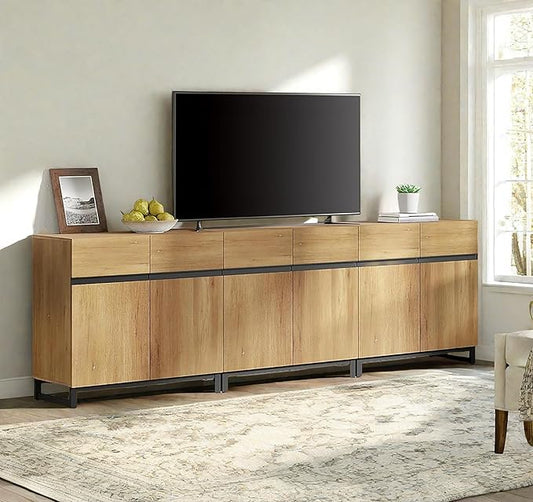 WAMPAT Modern TV Stand for TVs Up to 100 Inch, 3 in 1 Entertainment Center with Adjustable Shelves and Metal Base, Media Console for Living Room and Bedroom, Oak