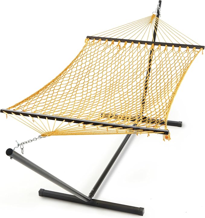 PNAEUT Double Hammock with Stand for Outside, Rope Hammocks with Hardwood Spreader Bar 2 Person, 12ft Heavy Duty Stand, Extra Pillow, Max 475 lbs Capacity (Lemon)