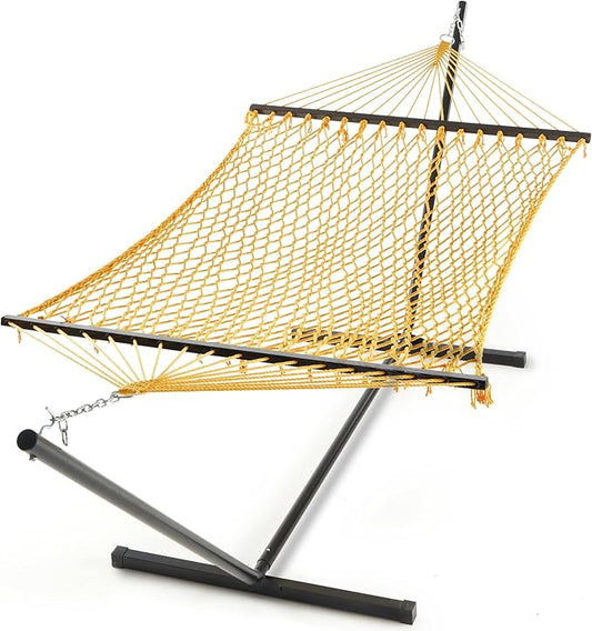 PNAEUT Double Hammock with Stand for Outside, Rope Hammocks with Hardwood Spreader Bar 2 Person, 12ft Heavy Duty Stand, Extra Pillow, Max 475 lbs Capacity (Lemon)