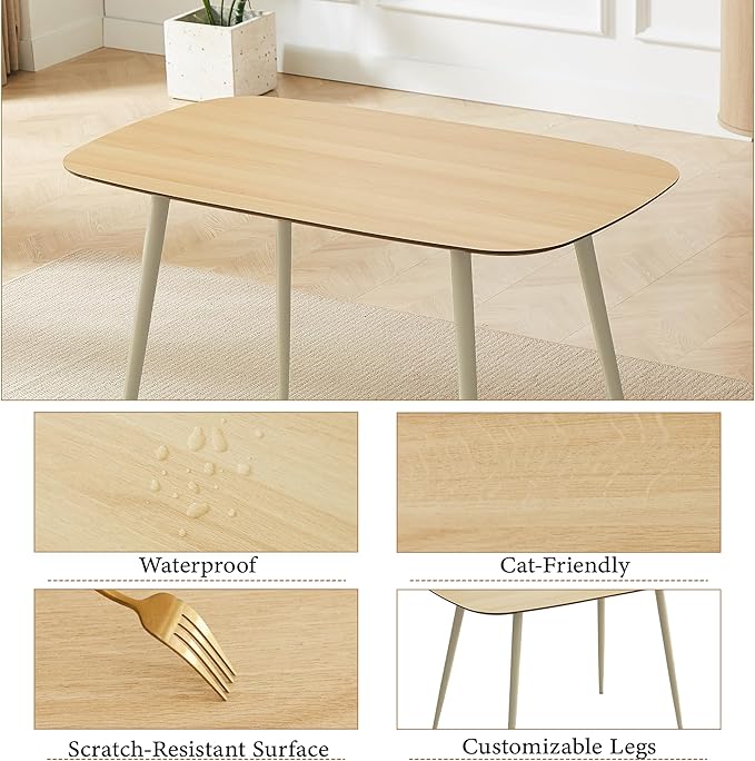 47.2'' Dining Table Set for 4 - Modern Wood Table with Cat Scratch-Resistant Surface & 4 U-Shaped White Leather Chairs, Kitchen & Dining Room Furniture, Space-Saving Table and Chairs Set
