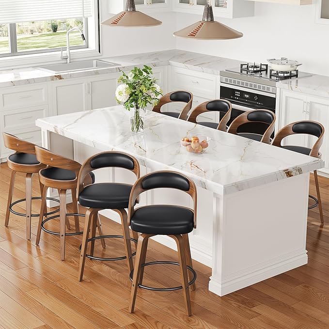 Swivel Bar Stools Set of 8, 26" Counter Height Bentwood Barstool, Mid-Century Modern PU Leather Upholstered Bar Chair with Back and Footrest, for Kitchen Island, Bar, Cafe, Dining Room, Black