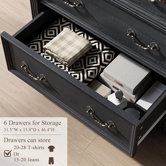 Yaamizz Farmhouse Dresser for Bedroom, 47" Tall 6 Drawer Dresser Storage with Wood Pilasters and Metal Handles, Vintage Design, Drawer Organizer for Bedroom, Hallway, Black