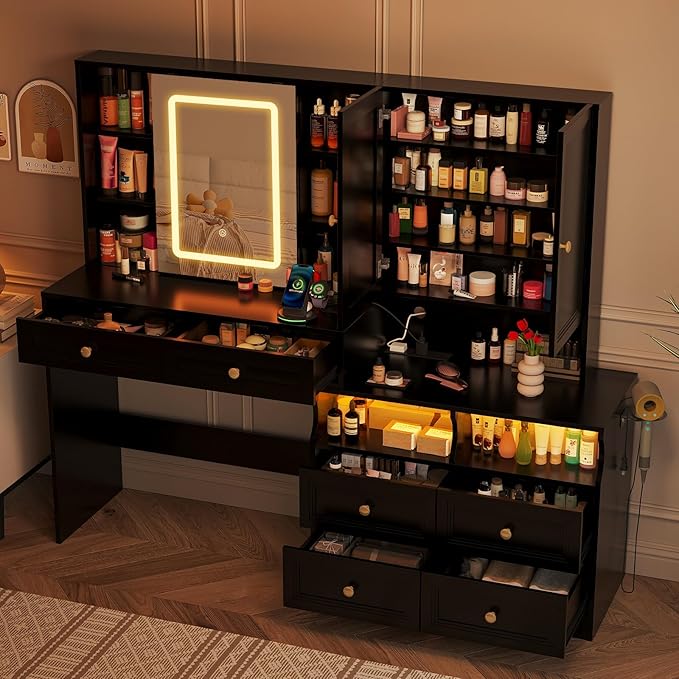 Large Black Vanity Desk with Sliding Mirror & Lights, Big 58.6" Makeup Vanity Table & Nightstand Combo with Power Outlet and 6 Drawers 15 Shelves with Light Strips for Bedroom