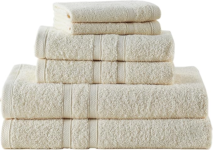 CLOROX Bleach Friendly Towel Set, Quick Dry 100% Cotton Highly Absorbent Lightweight, 2 Bath, 2 Hand, 2 Washcloth Towels Ideal for Everyday Use (6 Pack, Ivory)