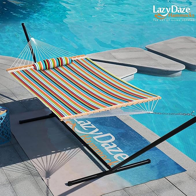 Lazy Daze 12 FT Sunbrella Quilted Hammock Double Hammock with Hardwood Spreader Bar, for Patio Outdoor Outside All Weather, 450 lbs Capacity, Carousel Confetti