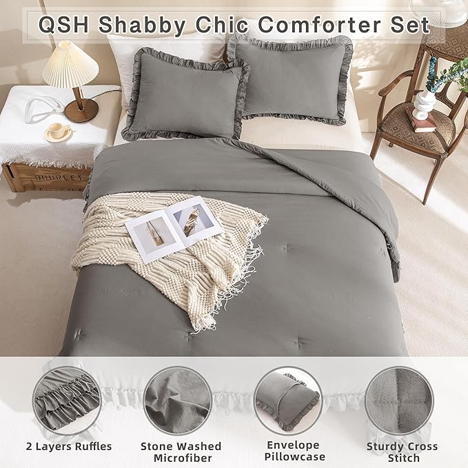 QSH Shabby Grey Ruffled Chic Comforter Queen Size, Farmhouse Boho Bedding Comforter Sets, 3 Pieces All Season Microfiber Inner Fill Bedding, Ultra Soft Lightweight Comforter Queen for Bed