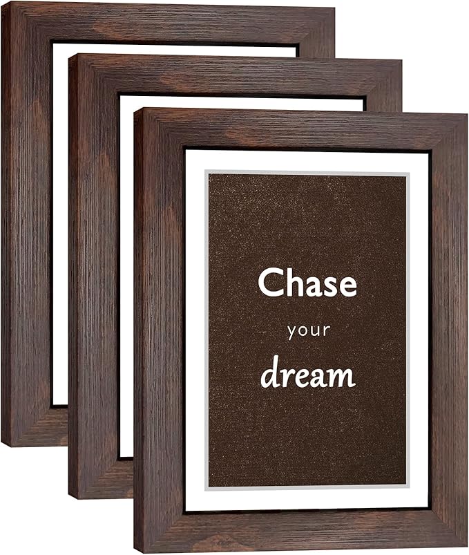 5x7 Walnut Picture Frame Set of 3 with Real Glass for Pictures 4x6 with Mat or 5x7 Without Mat, Wall or Tabletop Gallery Photo Frames