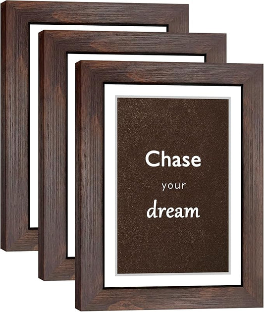 5x7 Walnut Picture Frame Set of 3 with Real Glass for Pictures 4x6 with Mat or 5x7 Without Mat, Wall or Tabletop Gallery Photo Frames