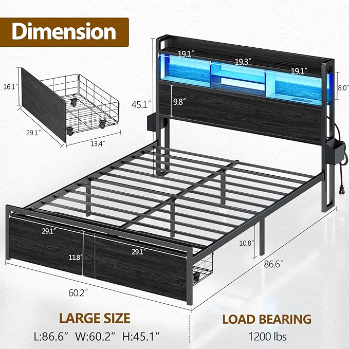 Furnulem Queen Bed Frame with Wood Headboard and Storage Shelf, Metal Platform Bed Frame Queen Size with Storage Drawers, LED Lights and Charging Station, No Box Spring Needed, Noise Free, Black