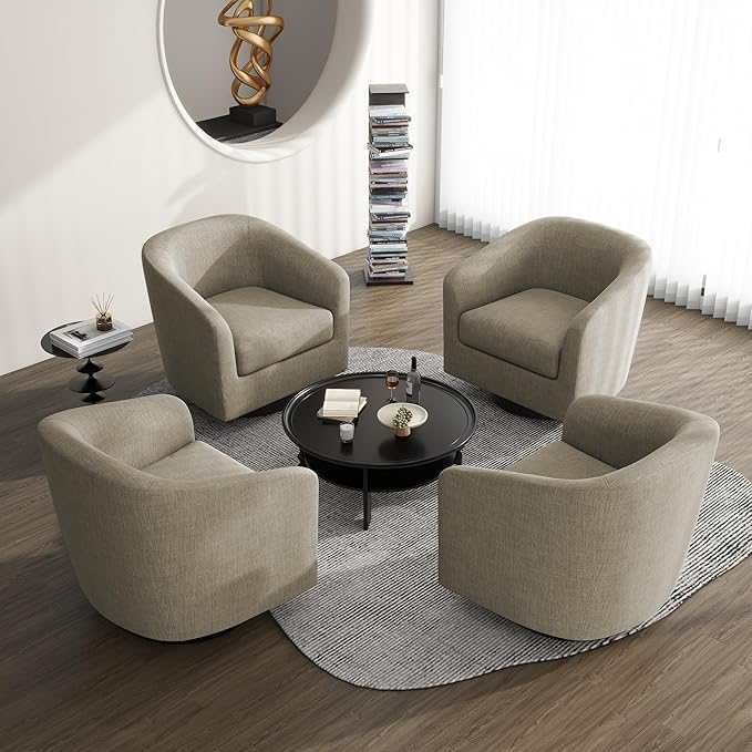 UIXE 360° Swivel Barrel Accent Chair Armchair, Round Club Arm Chair in Fabric for Lving Room, Modern Upholstered Small Bedroom Single Sofa Seat - Light Brown, Set of 4