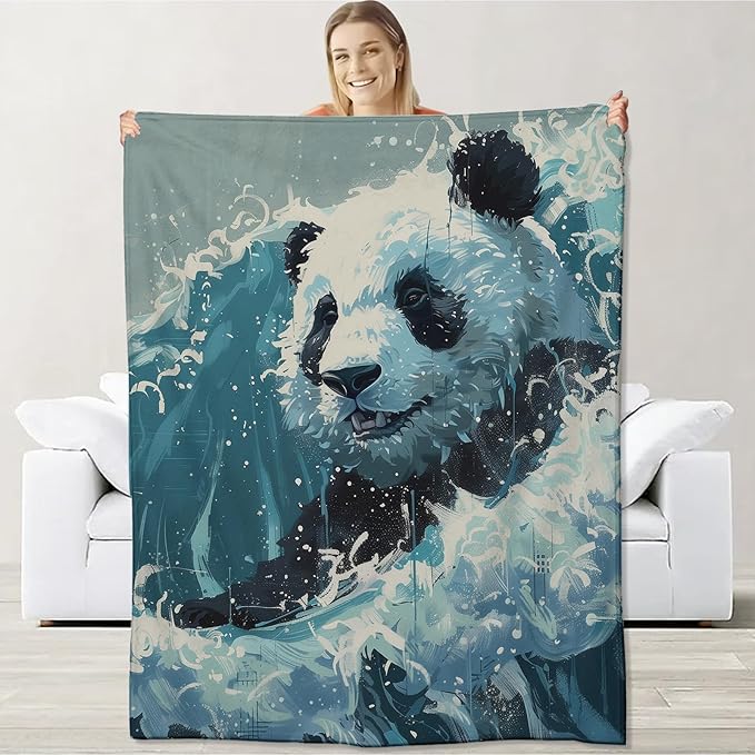 Panda Flannel Blanket for Boys & Girls, Ocean Waves Panda Throw for Sofa, Couch, Bed - Soft, Warm & Cozy - 60" x 50"