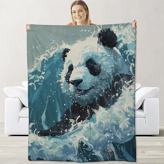 Panda Blanket for Boys Girls Teen, Flannel Ocean Waves Throw for Sofa Couch Bed, Soft Warm Cozy Decor Gift 40" x 50"