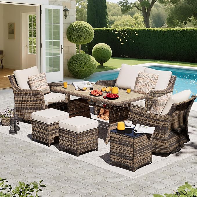 7 Pieces Outdoor Patio Furniture Set, Wicker Patio Conversation Set with Swivel Chairs, Patio Sectional Furniture Set with Loveseat, 2 Ottomans and Dining Table (Brown)