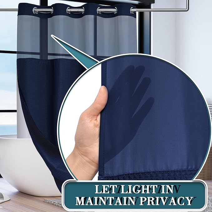 Conbo Mio Stall No Hook Waffle Weave Shower Curtain with Snap in Liner Set, Hotel Luxury Navy Blue Shower Curtains for Bathroom with See Through Top Window, Waterproof, Washable 54W x 74H