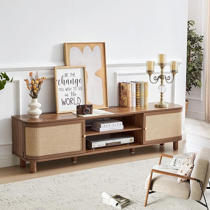 AVZEAR Curved Profile Farmhouse TV Stand for TVs Up to 70 Inches, Mid Century Modern Entertainment Center with Storage & Natural Linen Doors, Large Media Console for Living Room, Bedroom, Walnut