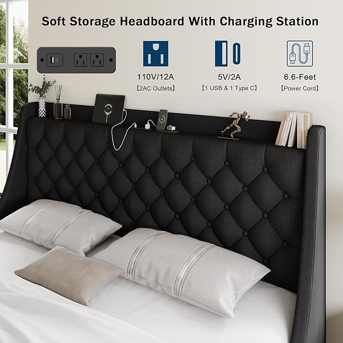 King Size Bed Frame with 4 Storage Drawers, Giant Upholstered Wingback Headboard, Fast Charging Station, No Box Spring Needed, Noise-Free, Black