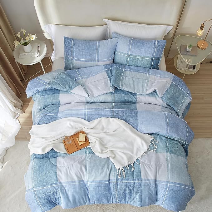 mixinni Full Comforter Set for Boys Simple Style Modern Geometric Blue Checkered Plaid Printed Cofmorter for All Season,1 Lightweight Comfroter and 2 Pillow Shams-Full Size