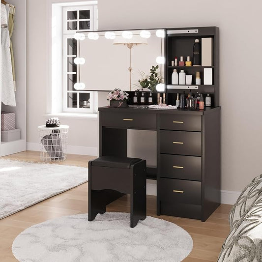 Makeup Vanity Desk with Sliding Mirror and Lights, Vanity Desk with 10 LED Bulbs, 3 Adjustable Light Modes, 5 Drawers & Storage Shelves, Makeup Vanity Set for Bedroom, Black
