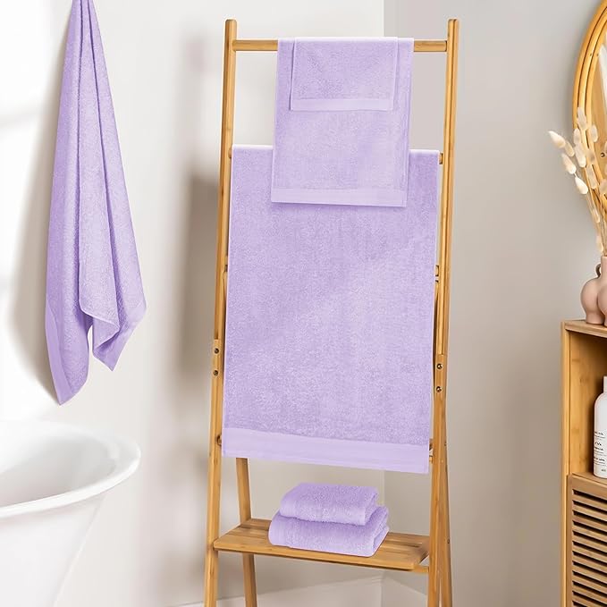 Ultra Soft 6 Pack Cotton Towel Set, Contains 2 Bath Towels 28x55 inch, 2 Hand Towels 16x24 inch & 2 Wash Coths 12x12 inch, Ideal Everyday use, Compact & Lightweight - Purple