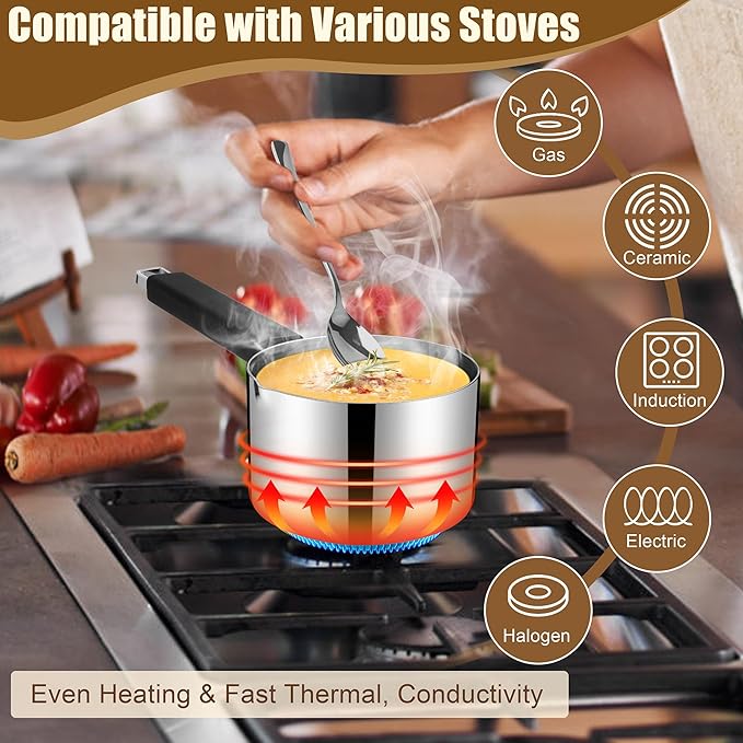 E-far 1 Quart Sauce Pan with Lid, Stainless Steel Tri-Ply All Clad Small Cooking Pot with Pour Spout, Multipurpose Induction Saucepan & Stay-Cool Handle, Compatible with All Cooktops, Dishwasher Safe