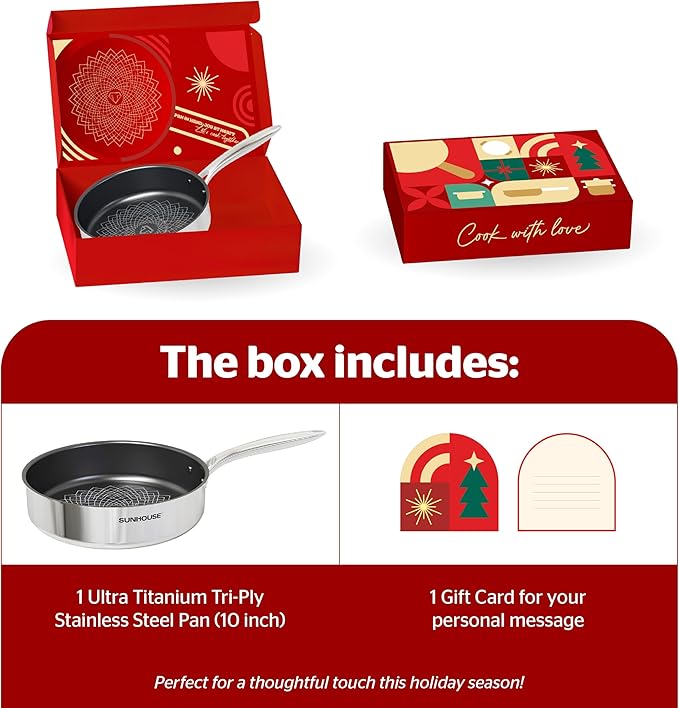 Sunhouse Titanium-Coated Tri-Ply Stainless Steel Pan, 10 inch frying pan, Non-Toxic, PFAS PFOA & PTFE Free, Oven Safe, Compatible with All Cooktops, Perfect Gifts for Mom or Dad, Premium gift box