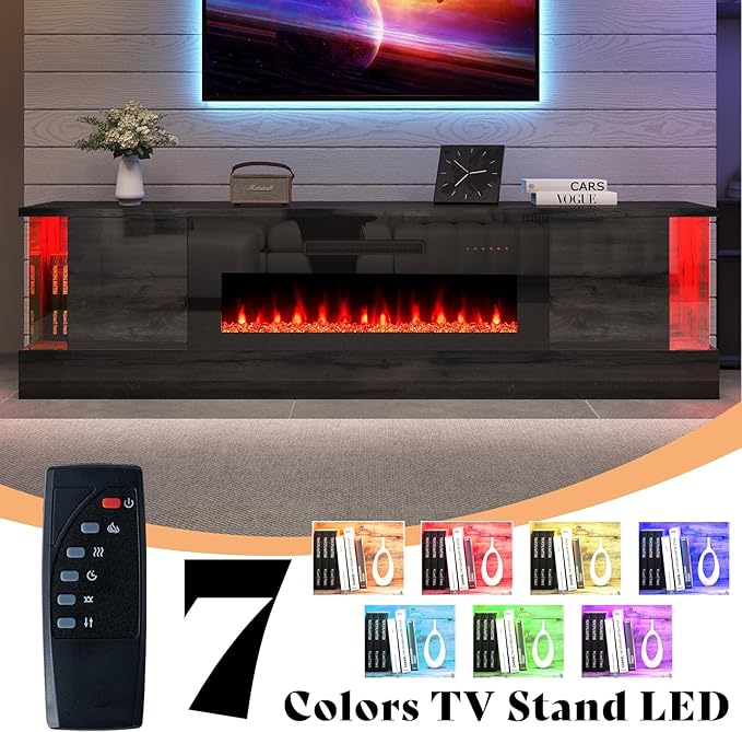 AMERLIFE 70" Glossy Oak Fireplace TV Stand with 36" Fireplace for TVs up to 80", LED Lights Entertainment Center with Flip Doors & Corner Glass, Modern TV Console Table, Living Room, Black