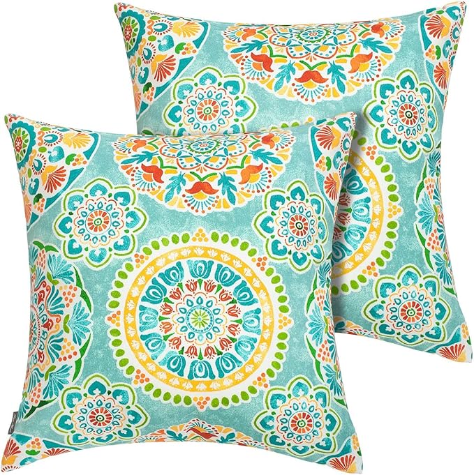 FUNHOME Outdoor Indoor Throw Pillows 18”x18”, Set of 2 Decorative Throw Pillows with Inserts, All Weather Water-Repellent Square Pillows for Bed, Couch, Sofa and Patio Furniture -Cyan Circle