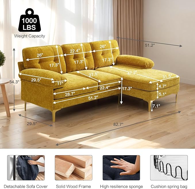 EASELAND 82" L-Shape Sofa with Reversible Chaise Lounge, Convertible Sectional Sofa Couch, Chenille Modern Sofa Couch for Living Room, Apartment and Office, Removable Cover (Yellow)