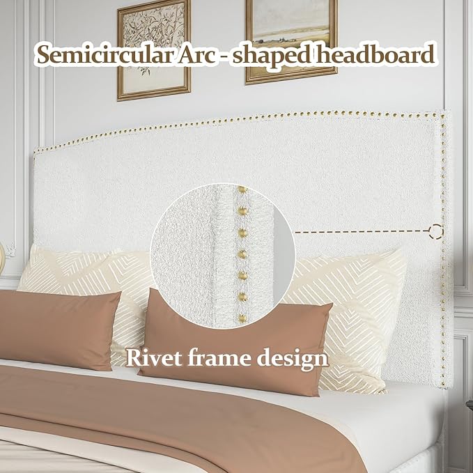 Full Size Bed Frame with Headboard, 56" Upholstered Platform Bed with Nailhead Trim, Soft Boucle Fabric, No Box Spring Needed, Easy Assembly, White