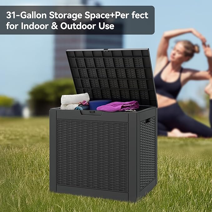 35 Gallon Outdoor Storage Box, Waterproof Resin Deck Box with Lockable Lid, Patio Furniture Side Table & Storage Bin for Package Delivery, Patio Cushions, Garden Tools, Pool Accessories, Black
