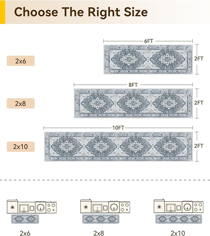 Area Rugs 2'x8' Washable Non-Slip, Floral Vintage Distress Print Pattern Medallion Carpet for Living Room Bedroom Dining Room, Light Gray Grey White