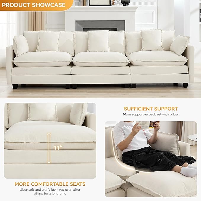 111'' Sectional Cloud Deep Seat Couch, Modern Comfy Chenille Modular Sectional Sofa for Living Room Set, Upholstered Modular 3-Seats Sofa Couch, Beige