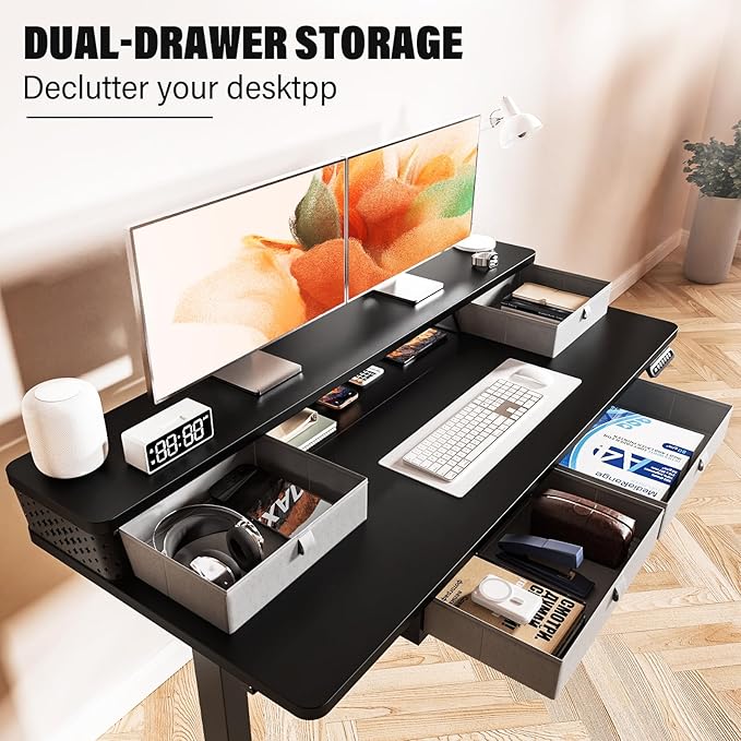 Electric Standing Desk with 4 Drawers 48''x 24'' Adjustable Height Sit to Stand Up Desk with Storage Shelf, C-Clamp Mount Compatible Black Home Office Desks Computer Gaming Table Ergonomic Workstation