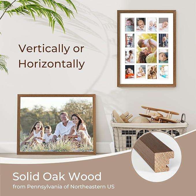 Axeman 12x16 School Years Picture Frame K-12 Day Graduation Photo Collage Solid Oak Picture Frame With Mat - Displays One 5x7 Photo and Twelve 2.5x3.5 Pictures, Hanging Hardware Included, Walnut