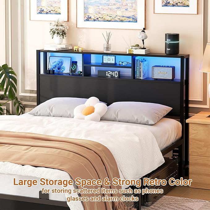 Aheaplus Headboard for Full Size Bed with Storage, Headboards with Outlets, USB Ports and LED Light, Full Size Head Board Only, Height Adjustable, Reversible, Sturdy and Stable Headboard, Black