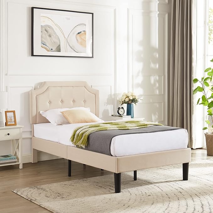 VECELO Twin Size Platform Bed Frame with Fabric Upholstered Headboard and Wooden Slats Support, No Box Spring Needed/Easy Assembly,Beige