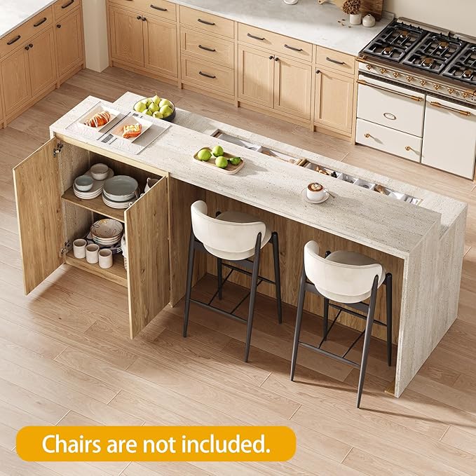 90.6"W Stationary Kitchen Island with Double-layer Countertop, Kitchen Island Storage Cabinet with Adjustable Shelves & 6 Drawers, Island table with Pull Out Spice Rack for kitchen , Dining Room