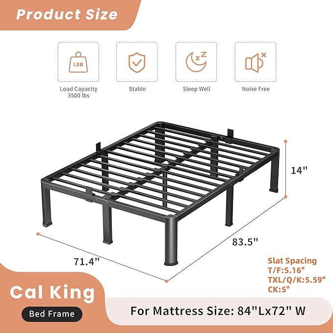 14 Inch California King Heavy Duty 3500 lbs Bed Frame with Round-Corner Legs & Anti-Squeak Design – Quick Assembly Metal Platform, No Box Spring Needed