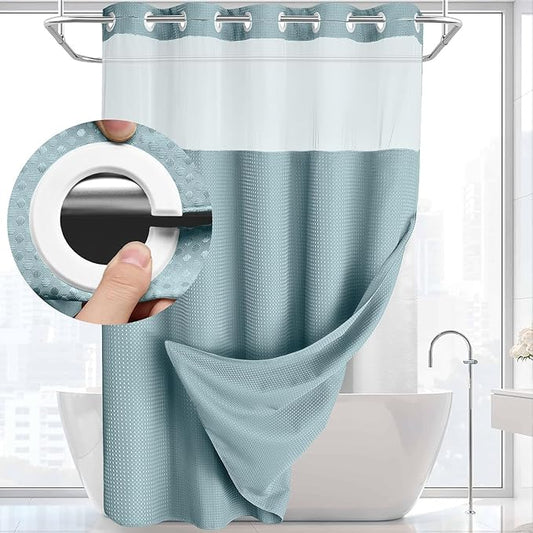 YellyHommy No Hook Shower Curtain with Snap in Liner Set Less Waffle Shower Curtain for Bathroom (Cyan, 87" L x 72" W)