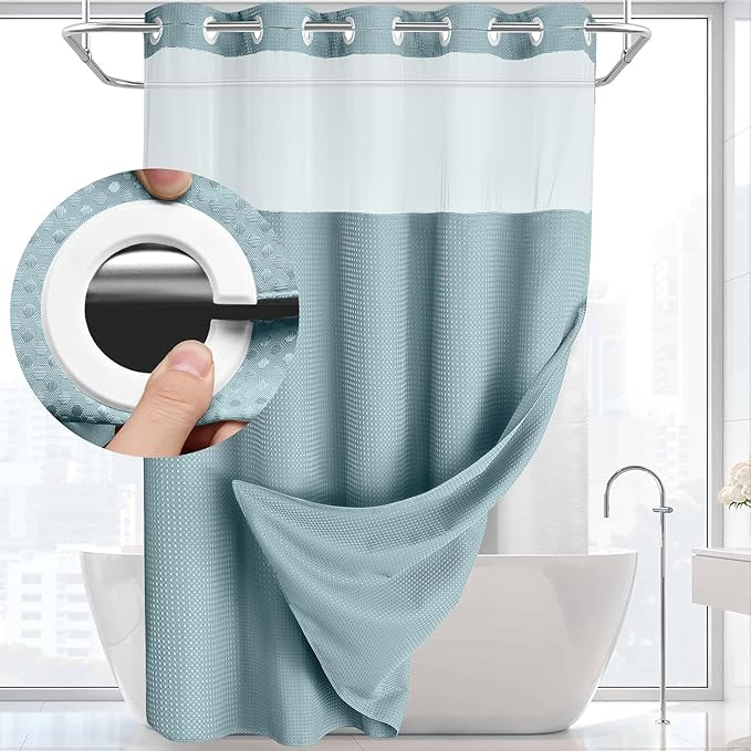 YellyHommy No Hook Shower Curtain with Snap in Liner Set Less Waffle Shower Curtain for Bathroom (Cyan, 81" L x 72" W)