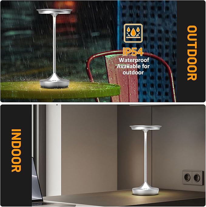 YHT Cordless Rechargeable Table Lamps, Portable 6000mAh Battery Desk Lamp Waterproof 3 Color Stepless Dimming LED Table Light with Memory Function for Outdoor/Dinning/Patio/Restaurant (Sliver 1Pack)