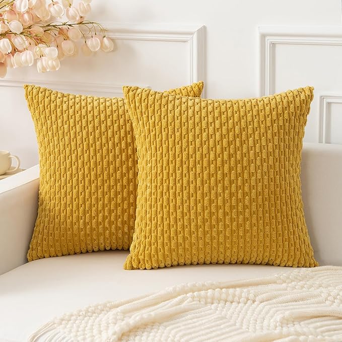 Kevin Textile Throw Pillow Covers Soft Corduroy Decorative Set of 2 Boho Striped Pillow Covers Pillowcases Farmhouse Home Decor for Couch Bed Sofa Living Room 26x26 Inch Mustard Yellow